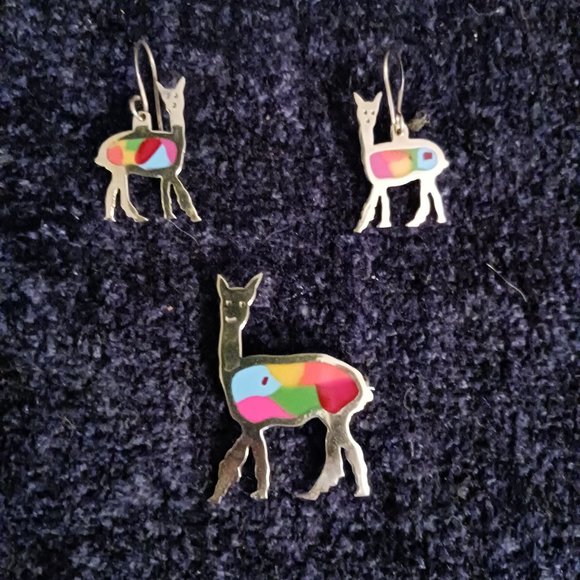 Handcrafted Sterling Silver & Glass Alpaca Brooch and Earrings Set by Krystyna's - Picture 1 of 7